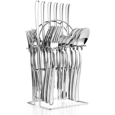Dazzed Corner - 24 Pieces Flatware Set for 6, Stainless Steel Cutlery Set with Silverware Holder - Silver Dazzed Corner - 24 Pieces Flatware Set for 6, Stainless Steel Cutlery Set with Silverware Holder - Silver