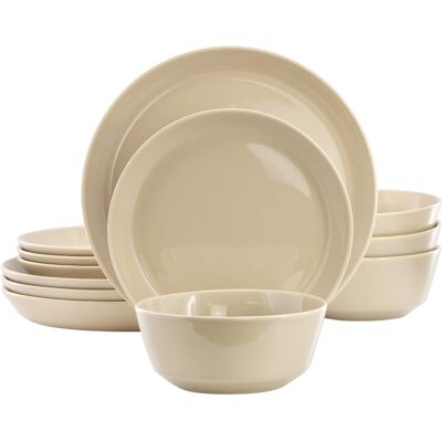 Gibson - Elite Sunlit Mist 12 Piece Round Stoneware Dinnerware Set - Cream Gibson - Elite Sunlit Mist 12 Piece Round Stoneware Dinnerware Set - Cream