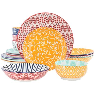Elama - Giovanna 16 Piece Assorted Porcelain Double Bowl Dinnerware Set - Multi-colored Elama - Giovanna 16 Piece Assorted Porcelain Double Bowl Dinnerware Set - Multi-colored