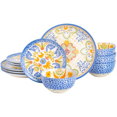 Laurie Gates - Tierra Tile 12 Piece Round Stoneware Dinnerware Set in Assorted Designs - Blue Laurie Gates - Tierra Tile 12 Piece Round Stoneware Dinnerware Set in Assorted Designs - Blue