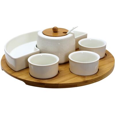 Elama - 8 Piece Appetizer Serving Set with 4 Serving Dishes, Center Condiment Server, Spoon, and Bamboo Serving Tray - Brown Elama - 8 Piece Appetizer Serving Set with 4 Serving Dishes, Center Condiment Server, Spoon, and Bamboo Serving Tray - Brown