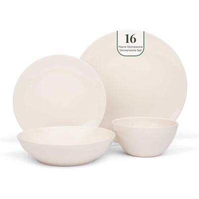 Larder & Vine - 16-Piece Classic Dinnerware Set for 4, Ceramic Stoneware Made in Portugal - Natural White Larder & Vine - 16-Piece Classic Dinnerware Set for 4, Ceramic Stoneware Made in Portugal - Natural White