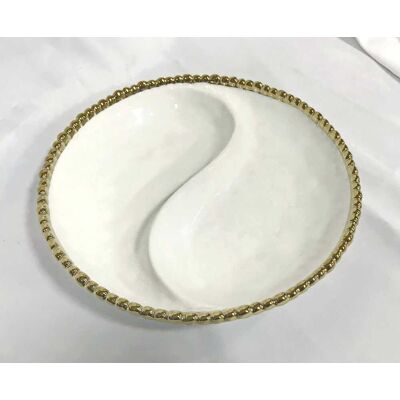 Jiallo - 9" Contemporary Gold Bead 2‑Section Platter – Modern Divided Serving Dish with Beaded Rim - White Jiallo - 9" Contemporary Gold Bead 2‑Section Platter – Modern Divided Serving Dish with Beaded Rim - White
