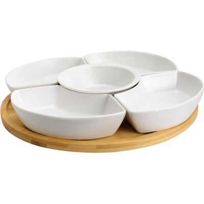 Elama - Signature 12 Inch 6-Piece Bamboo Lazy Susan Appetizer and Condiment Server Set with 5 Serving Dishes - White Elama - Signature 12 Inch 6-Piece Bamboo Lazy Susan Appetizer and Condiment Server Set with 5 Serving Dishes - White
