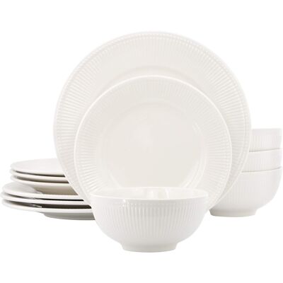 Elama - Gianna 12 Piece Round Stoneware Dinnerware Set - White Elama - Gianna 12 Piece Round Stoneware Dinnerware Set - White