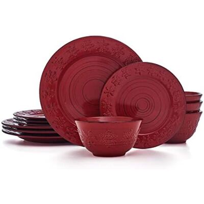 Dazzed Corner - 16-Piece Stoneware Dinnerware Set, Service for 4, Microwave & Dishwasher Safe Plates and Bowls - Red Dazzed Corner - 16-Piece Stoneware Dinnerware Set, Service for 4, Microwave & Dishwasher Safe Plates and Bowls - Red