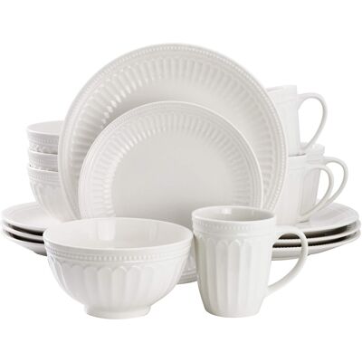 Elama - Hansel 16 Piece Stoneware Dinnerware Set, Service for 4 - White Elama - Hansel 16 Piece Stoneware Dinnerware Set, Service for 4 - White