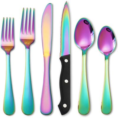 KOOMADE - 24/48PCS Flatware Set Steak Knives Kitchen Utensils and Cutlery of High Quality Construction - Rainbow 24-Piece Set KOOMADE - 24/48PCS Flatware Set Steak Knives Kitchen Utensils and Cutlery of High Quality Construction - Rainbow 24-Piece Set