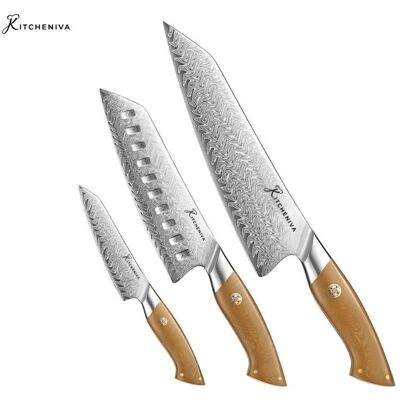 Kitcheniva - 3-Piece 67 Layer Damascus Steel Kitchen Knife Set with Micarta Handle Kitcheniva - 3-Piece 67 Layer Damascus Steel Kitchen Knife Set with Micarta Handle