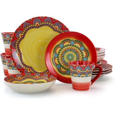 Elama - Zen Mozaik 16 Piece Luxurious Stoneware Dinnerware with Complete Setting for 4, 16pc - Red Elama - Zen Mozaik 16 Piece Luxurious Stoneware Dinnerware with Complete Setting for 4, 16pc - Red