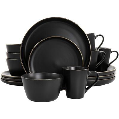 Elama - Paul 16 Piece Stoneware Dinnerware Set in Matte Black with Gold Rim - Black/Gold Elama - Paul 16 Piece Stoneware Dinnerware Set in Matte Black with Gold Rim - Black/Gold