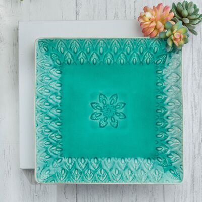 Euro Ceramica Home - Peacock 11.5 Inch Square Serving Platter - Lagoon Euro Ceramica Home - Peacock 11.5 Inch Square Serving Platter - Lagoon