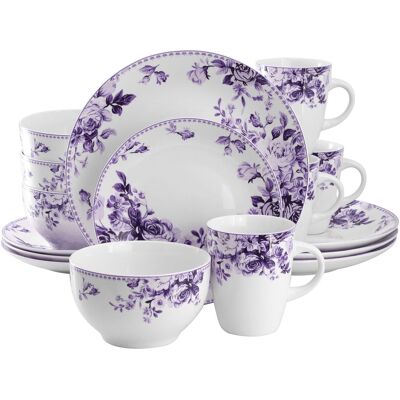 Elama - Traditional Purple Rose 16 Piece Stoneware Dinnerware Set - White and Purple Elama - Traditional Purple Rose 16 Piece Stoneware Dinnerware Set - White and Purple