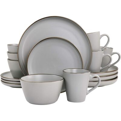 Elama - Louis 16 Piece Stoneware Dinnerware Set in Matte Slate with Gold Rim - Slate and Gold Elama - Louis 16 Piece Stoneware Dinnerware Set in Matte Slate with Gold Rim - Slate and Gold