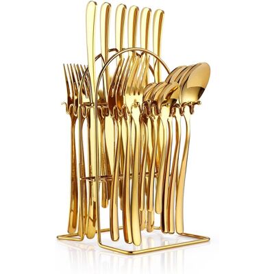 Dazzed Corner - 24 Pieces Flatware Set for 6, Stainless Steel Cutlery Set with Silverware Holder - Gold Dazzed Corner - 24 Pieces Flatware Set for 6, Stainless Steel Cutlery Set with Silverware Holder - Gold