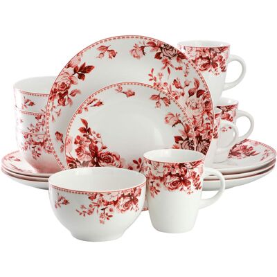 Elama - Traditional Red Rose 16 Piece Stoneware Dinnerware Set - White and Red Elama - Traditional Red Rose 16 Piece Stoneware Dinnerware Set - White and Red