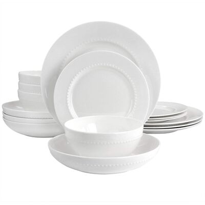 Gibson - Elite Embossed Bone China 16 Piece Double Bowl Dinnerware Set - White Gibson - Elite Embossed Bone China 16 Piece Double Bowl Dinnerware Set - White