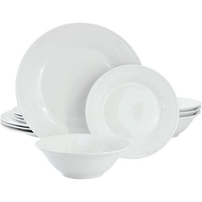 Gibson - Home Everyday Embossed 12 Piece Round Ceramic Dinnerware Set - White Gibson - Home Everyday Embossed 12 Piece Round Ceramic Dinnerware Set - White