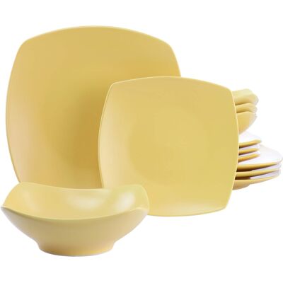 Gibson - Home Zen Buffetware 12 Piece Square Fine Ceramic Dinnerware Set in Matte - Yellow Gibson - Home Zen Buffetware 12 Piece Square Fine Ceramic Dinnerware Set in Matte - Yellow