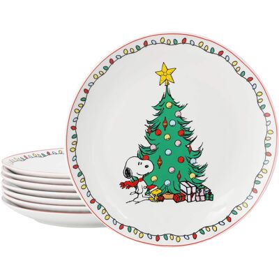 Peanuts - Xmas 8 Piece 10.5 Inch Round Stoneware Dinner Plate Set - White Peanuts - Xmas 8 Piece 10.5 Inch Round Stoneware Dinner Plate Set - White