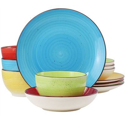 Elama - Mason 12 Piece Double Bowl Stoneware Dinnerware Set in Assorted Colors - Yellow, Turquoise, Lime, Red Elama - Mason 12 Piece Double Bowl Stoneware Dinnerware Set in Assorted Colors - Yellow, Turquoise, Lime, Red