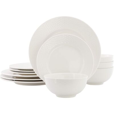 Elama - Gemma 12 Piece Stoneware Dinnerware Set - White Elama - Gemma 12 Piece Stoneware Dinnerware Set - White