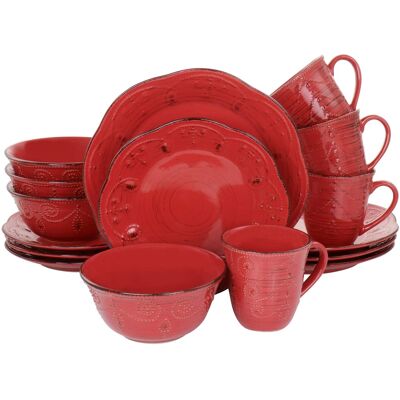 Elama - Rustic Birch 16 Piece Stoneware Dinnerware Set - Red Elama - Rustic Birch 16 Piece Stoneware Dinnerware Set - Red