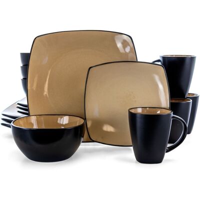 Gibson - Soho Lounge 16 pc Dinnerware, Square Shape (Service for 4) - Taupe Gibson - Soho Lounge 16 pc Dinnerware, Square Shape (Service for 4) - Taupe