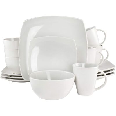 Gibson - Soho Lounge Bright Shell 16 Piece Square Stoneware Dinnerware Set - Shell White Gibson - Soho Lounge Bright Shell 16 Piece Square Stoneware Dinnerware Set - Shell White