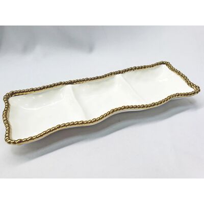 Jiallo - 15" Contemporary Gold Bead 3‑Section Platter – Modern Divided Serving Tray with Beaded Rim - White Jiallo - 15" Contemporary Gold Bead 3‑Section Platter – Modern Divided Serving Tray with Beaded Rim - White