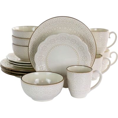 Elama - Contessa 16 Piece Embossed Scalloped Stoneware Dinnerware Set - Ivory Elama - Contessa 16 Piece Embossed Scalloped Stoneware Dinnerware Set - Ivory
