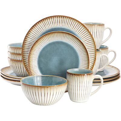 Elama - Louann 16 Piece Stoneware Dinnerware Set - Blue and Beige Elama - Louann 16 Piece Stoneware Dinnerware Set - Blue and Beige