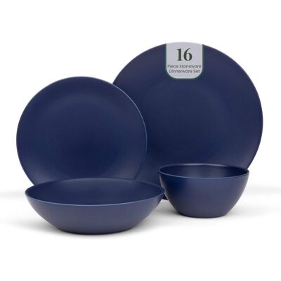 Larder & Vine - 16-Piece Classic Dinnerware Set for 4, Ceramic Stoneware Made in Portugal - Indigo Larder & Vine - 16-Piece Classic Dinnerware Set for 4, Ceramic Stoneware Made in Portugal - Indigo