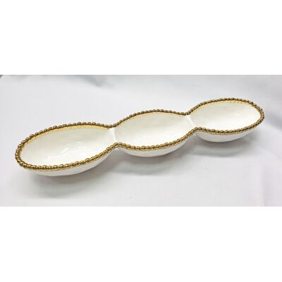 Jiallo - 18" Contemporary Gold Bead 3‑Section Platter – Modern Divided Serving Tray with Beaded Rim - White Jiallo - 18" Contemporary Gold Bead 3‑Section Platter – Modern Divided Serving Tray with Beaded Rim - White