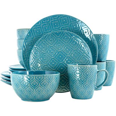 Elama - Aqua Lily 16 Piece Luxurious Stoneware Dinnerware with Complete Setting for 4 - Blue Elama - Aqua Lily 16 Piece Luxurious Stoneware Dinnerware with Complete Setting for 4 - Blue