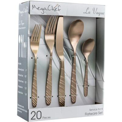 MegaChef - La Vague 20 Piece Flatware Utensil Set, Stainless Steel Silverware Metal Service for 4 in Matte - Rose Gold MegaChef - La Vague 20 Piece Flatware Utensil Set, Stainless Steel Silverware Metal Service for 4 in Matte - Rose Gold
