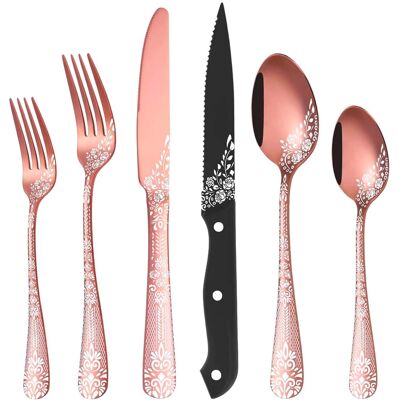 Dazzed Corner - 24 Pieces Silverware Set for 4, Stainless Steel Flatware Set with Unique Floral Laser - Rose Gold Dazzed Corner - 24 Pieces Silverware Set for 4, Stainless Steel Flatware Set with Unique Floral Laser - Rose Gold