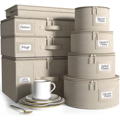 Sorbus - 8 Piece Hard Shell Dinnerware Storage Cases for Dinner Plates, Glasses, Utensils, Saucer Salad Plates, Platters - Beige Sorbus - 8 Piece Hard Shell Dinnerware Storage Cases for Dinner Plates, Glasses, Utensils, Saucer Salad Plates, Platters - Beige