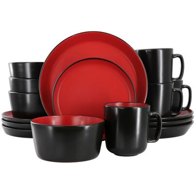 Elama - Bacarra 16 Piece Stoneware Dinnerware Set in Two Tone - Black and Red Elama - Bacarra 16 Piece Stoneware Dinnerware Set in Two Tone - Black and Red