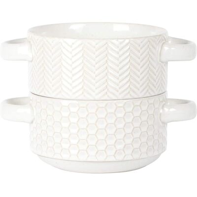 Gibson - Elite Earlhart 2 Piece 6 Inch Ribbed Stoneware Soup Bowl Set with Handles - White Gibson - Elite Earlhart 2 Piece 6 Inch Ribbed Stoneware Soup Bowl Set with Handles - White