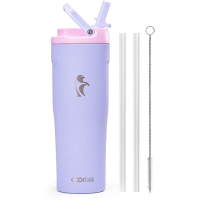 Coolflask - Slim Tumbler Stainless Steel with Straw & Handle - Fits Car Cup Holder - 32oz Purple Coolflask - Slim Tumbler Stainless Steel with Straw & Handle - Fits Car Cup Holder - 32oz Purple