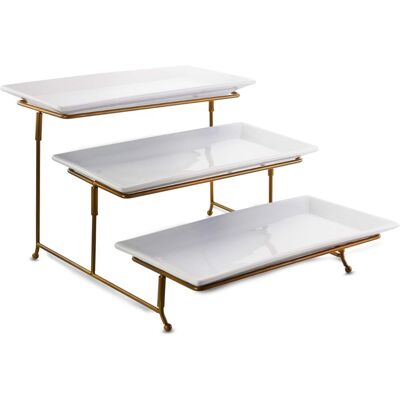 Gibson - Elite Gracious Dining 3 Tiered Rectangle Porcelain Plate Set with Gold Metal Stand - White Gibson - Elite Gracious Dining 3 Tiered Rectangle Porcelain Plate Set with Gold Metal Stand - White