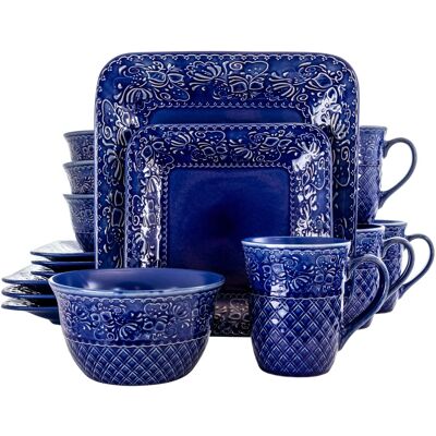 Elama - Lotus 16 Piece Square Dinnerware Set - Indigo Elama - Lotus 16 Piece Square Dinnerware Set - Indigo
