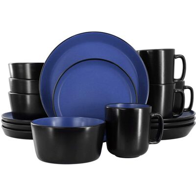 Elama - Bacarra 16 Piece Stoneware Dinnerware Set in Two Tone - Black and Blue Elama - Bacarra 16 Piece Stoneware Dinnerware Set in Two Tone - Black and Blue