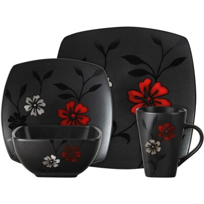 Gibson - 16-Piece Evening Blossom Dinnerware Set - Black and Red Gibson - 16-Piece Evening Blossom Dinnerware Set - Black and Red