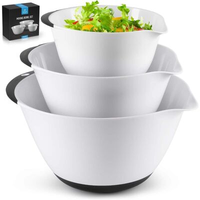 Zulay Kitchen - 3-Piece Mixing Bowl Set - Plastic Mixing Bowls with Handles & Non-slip Bottom - White Zulay Kitchen - 3-Piece Mixing Bowl Set - Plastic Mixing Bowls with Handles & Non-slip Bottom - White