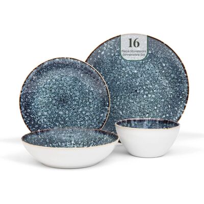 Larder & Vine - 16-Piece Classic Dinnerware Set for 4, Ceramic Stoneware Made in Portugal - Bondi Waters Larder & Vine - 16-Piece Classic Dinnerware Set for 4, Ceramic Stoneware Made in Portugal - Bondi Waters