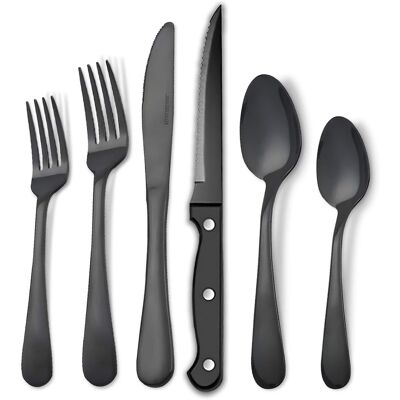 KOOMADE - 24/48PCS Flatware Set Steak Knives Kitchen Utensils and Cutlery of High Quality Construction - Black 24-Piece Set KOOMADE - 24/48PCS Flatware Set Steak Knives Kitchen Utensils and Cutlery of High Quality Construction - Black 24-Piece Set