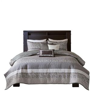 Gracie Mills - Hickman 6 Piece Striped Reversible Jacquard Quilt Set with Throw Pillows - Grey/Taupe Gracie Mills - Hickman 6 Piece Striped Reversible Jacquard Quilt Set with Throw Pillows - Grey/Taupe