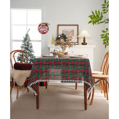 Oumilen - 59x70.8in Rectangle Christmas Red & Green Plaid Tablecloth with White Pom Pom Fringe – Winter Snowflake for Xmas Decor - Multicolor Oumilen - 59x70.8in Rectangle Christmas Red & Green Plaid Tablecloth with White Pom Pom Fringe – Winter Snowflake for Xmas Decor - Multicolor